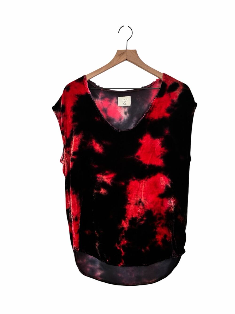 Tina + Jo Velvet Silk Blend Red Black Tie-Dye Frayed Blouse Size XS Whinseygoth
